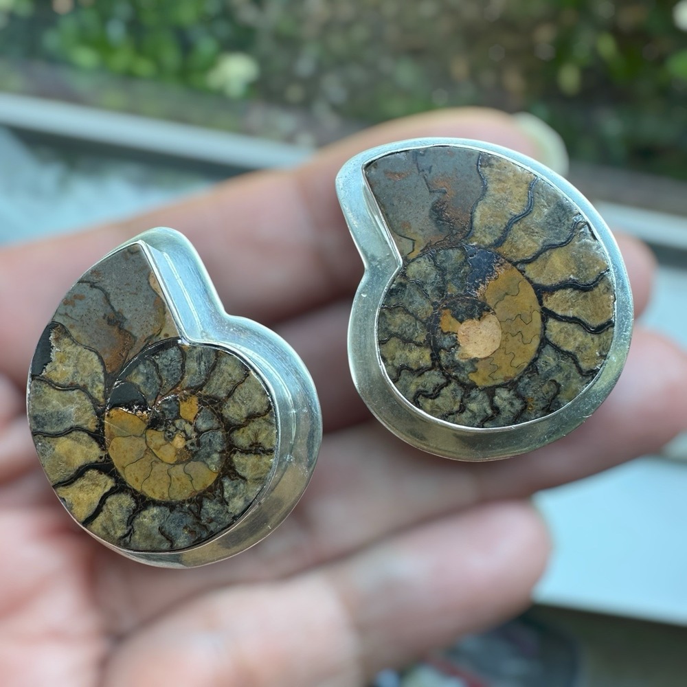 Vintage AKR Amy Kahn Russell Clip Earrings 1.5‎ Inch Ammonite 925 Sterling 27.2g